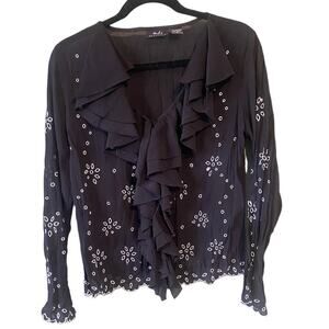 Womens Blouse Size Medium Whimsical Black White Lightweight Sheer Floral Shirt8